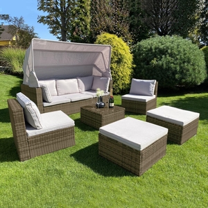 Ratanový sofa set se skládací stříškou BELVEDERE - Hnědá/Šedá