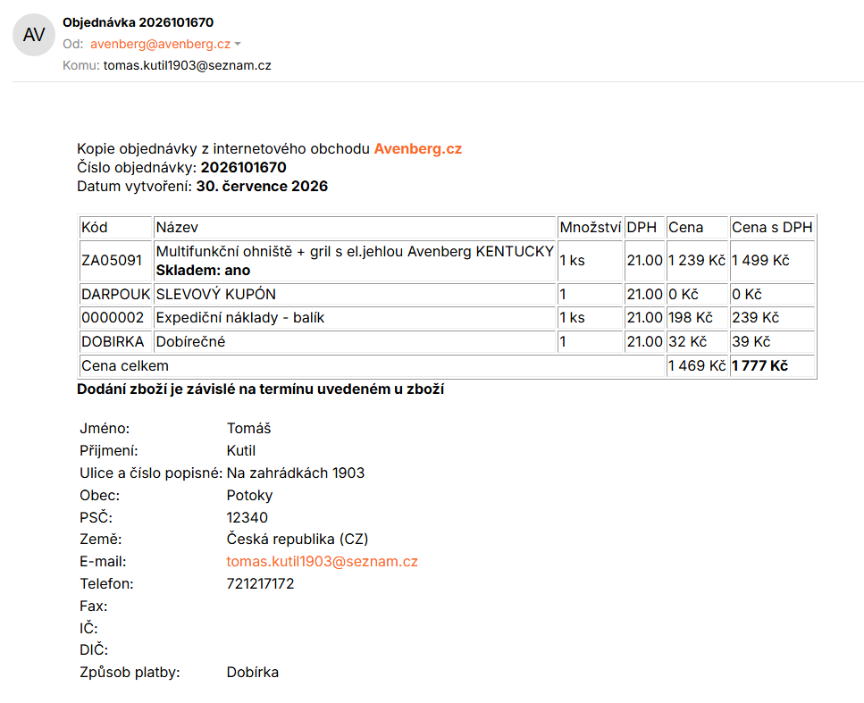 Potvrzovací e-mail objednávky