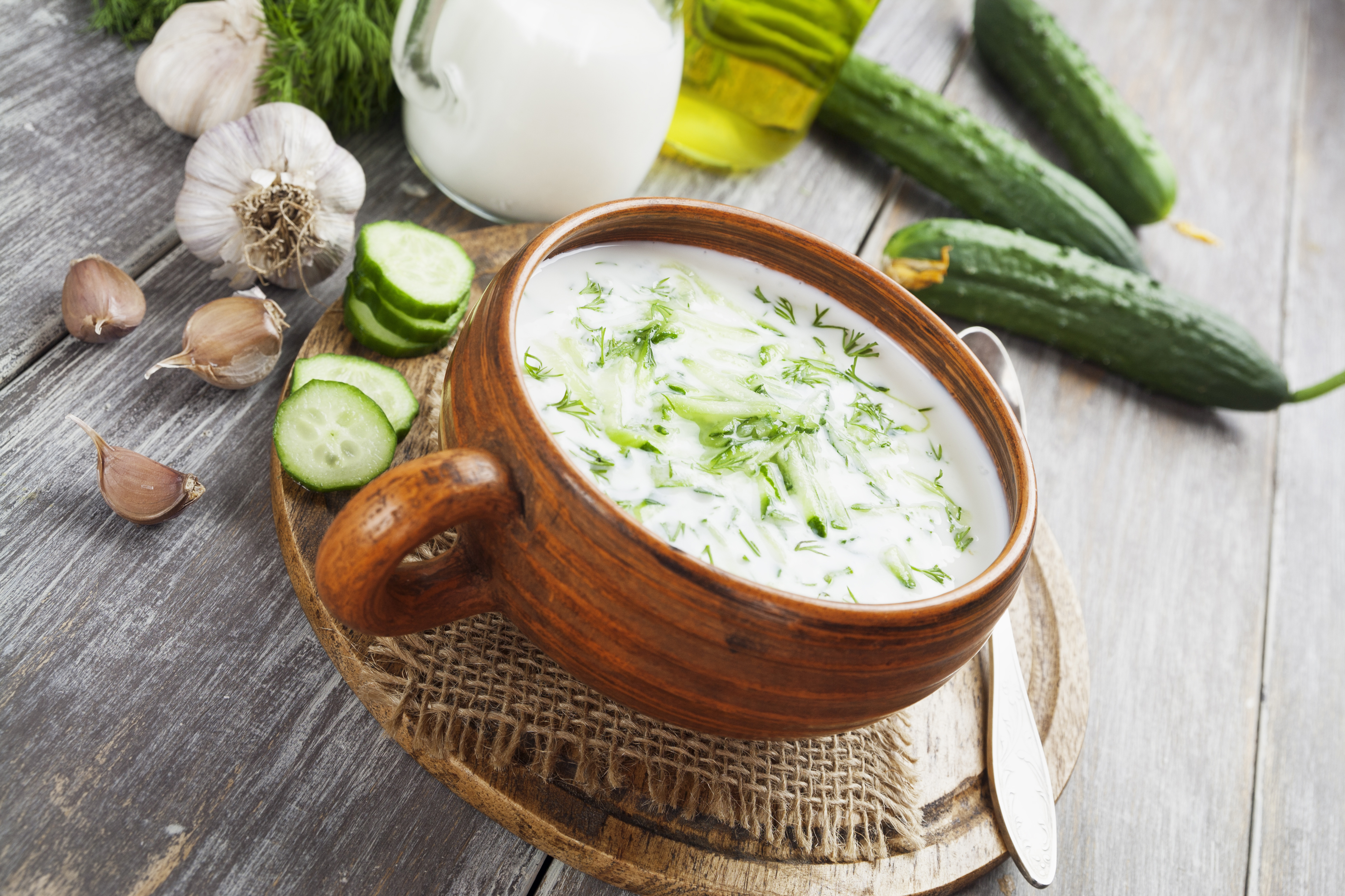 Tzatziky Miska domácích řeckých tzatziki s olivovým olejem, česnekem, okurkou a koprem.